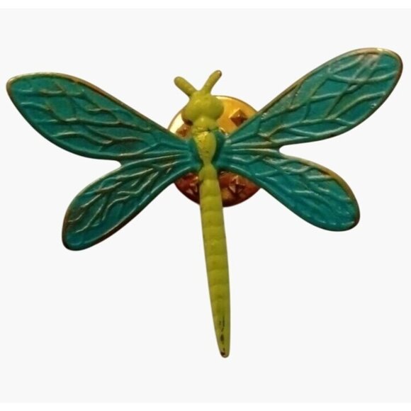 Dragonfly Enamel Lapel Pin Brooch Pinback Green Body Blue Wings Signed 731 M - Picture 2 of 4